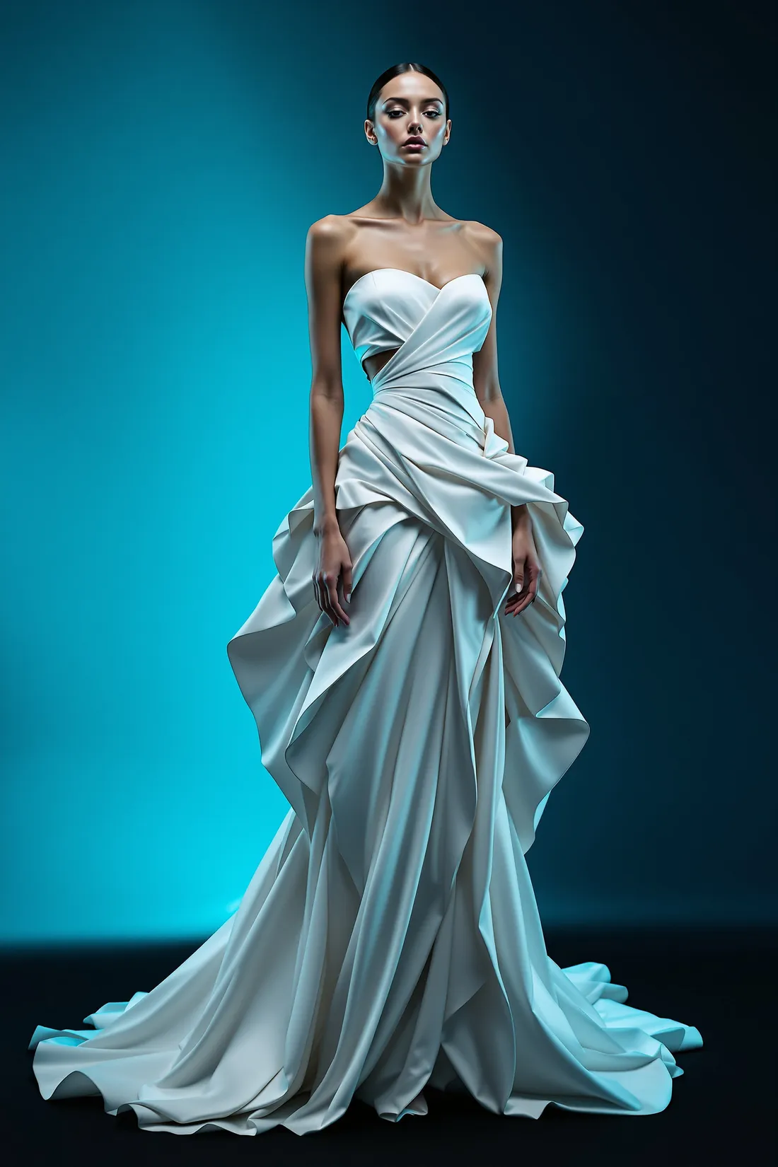 Model in a sculptural white gown against a cyan-lit backdrop.