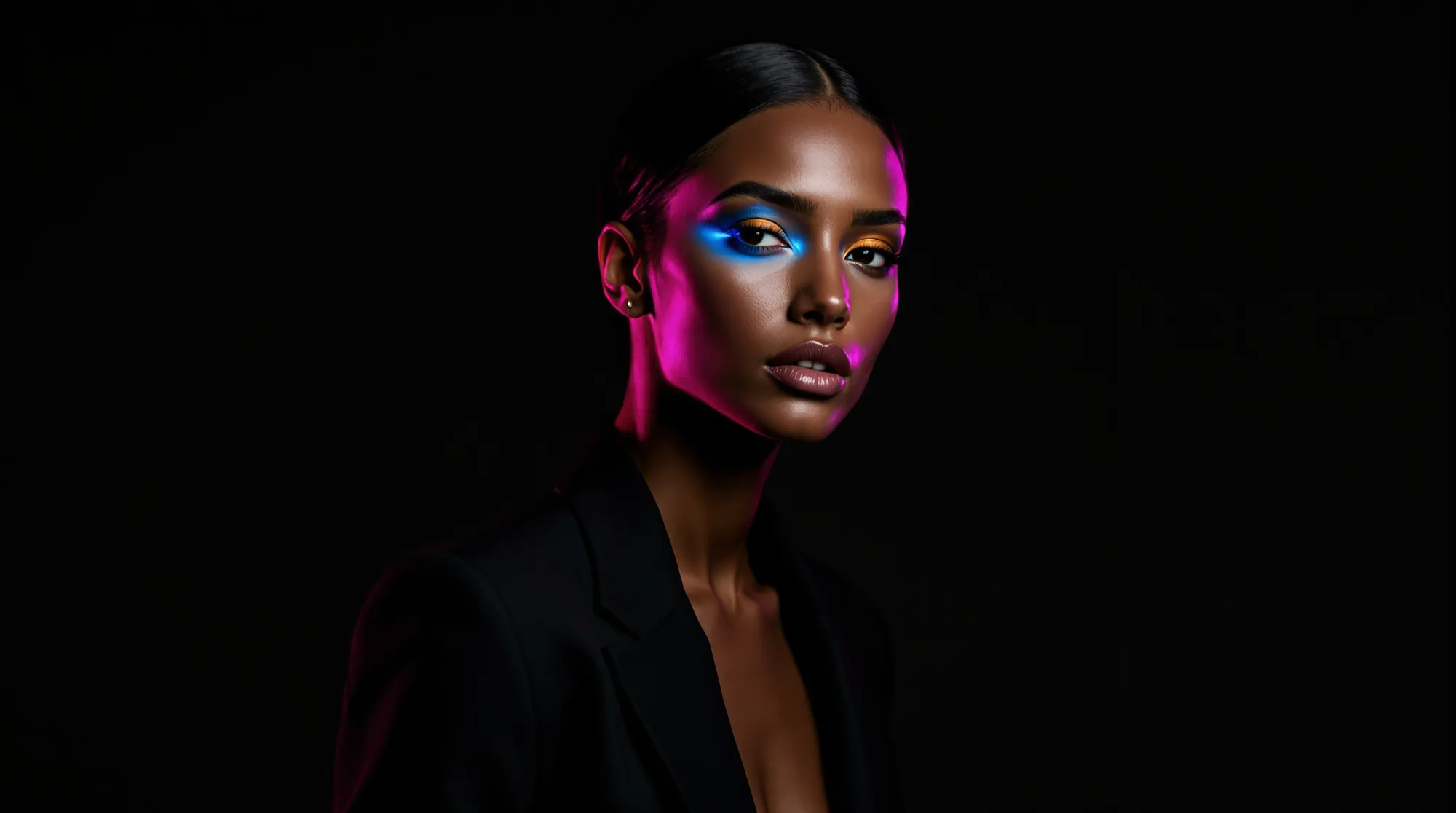 A model in a black blazer against a black backdrop, her face lit magenta with a cyan rim of light.