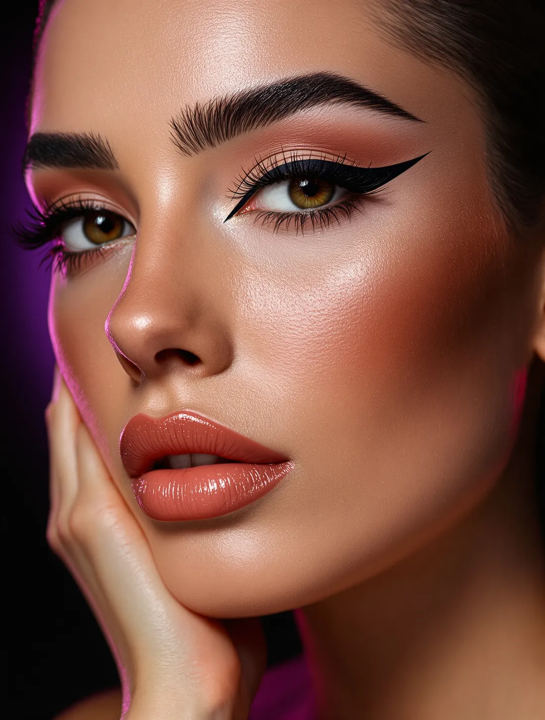 Beauty close-up with graphic winged eyeliner and glossy skin, magenta rim light behind.