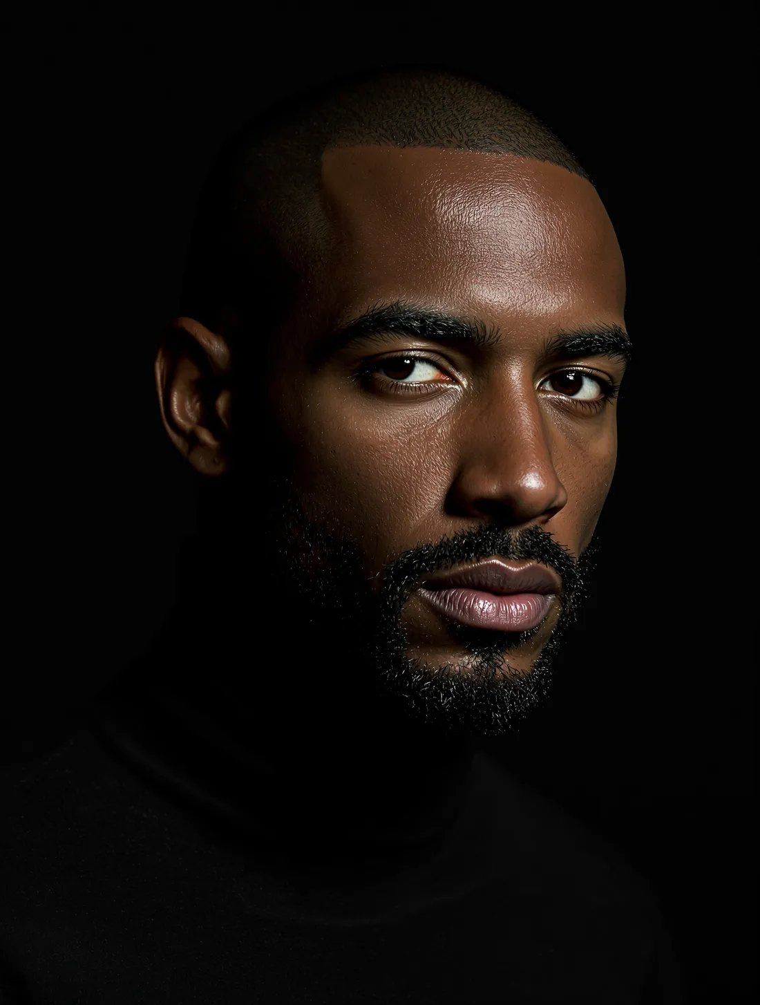 Portrait of a man with a shaved head and beard in a black turtleneck, sculpted by hard light.