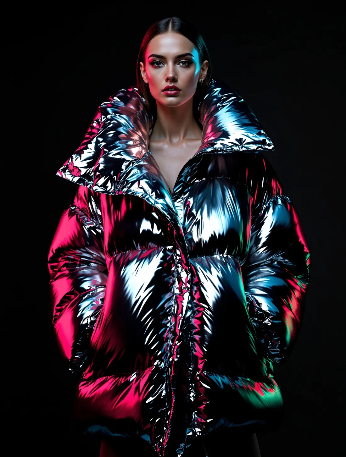 Model in a metallic silver puffer coat, the surface reflecting magenta and cyan light.