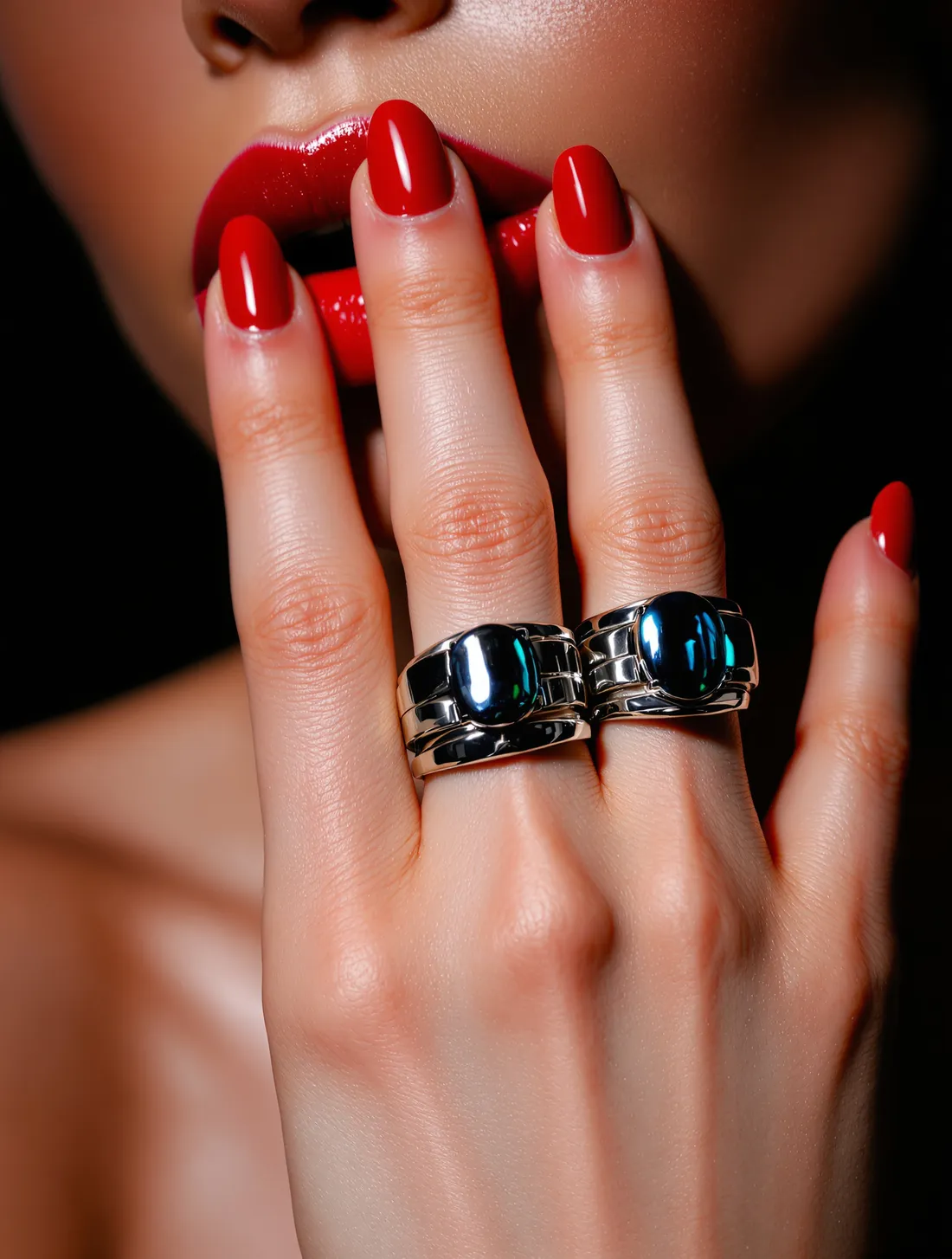 A hand with chunky chrome rings resting near glossy red lips.