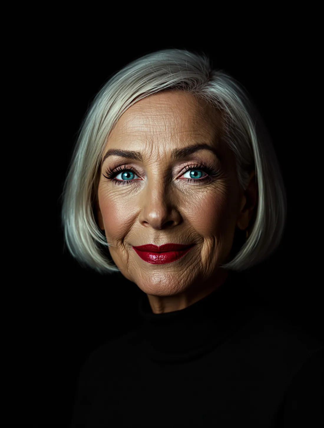 Portrait of an elegant older woman with a silver bob and red lipstick on a black backdrop.